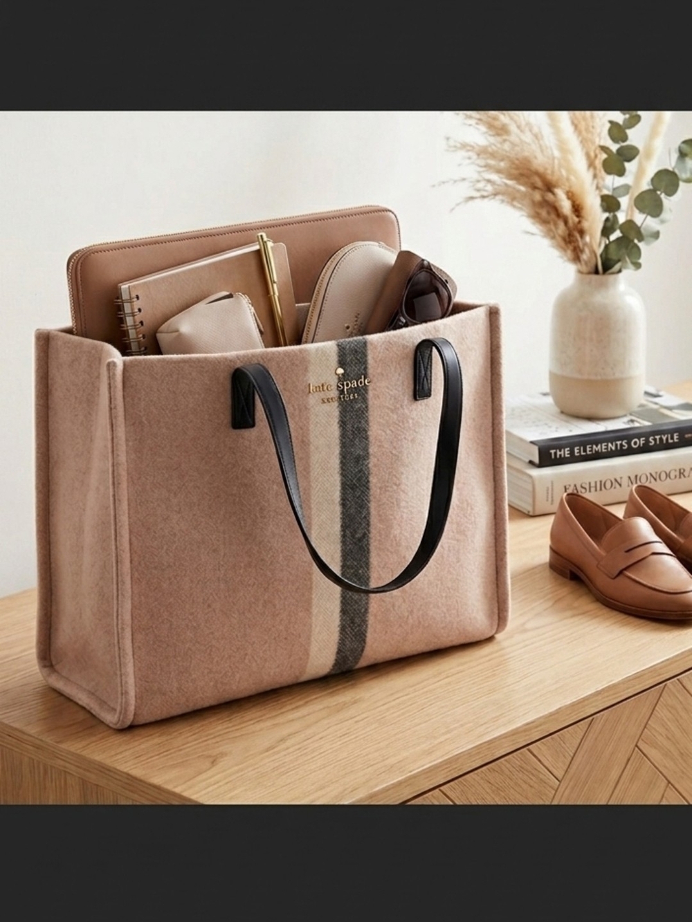 kate spade Blush Stripe Wool Tote with Black Handles